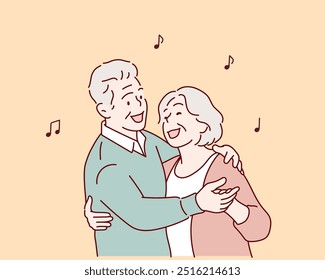 Happy senior couple dancing. Active elderly man and woman dance with fun and joy. Hand drawn style vector design illustrations.