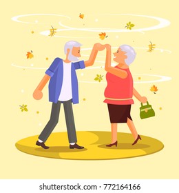 Happy senior couple dancing among falling leaves in autumn. Grandparents characters isolated. Vector illustration eps 10