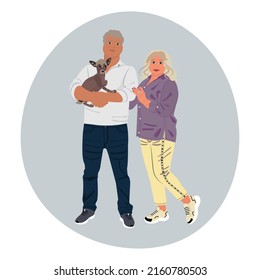 Happy senior couple with dog. Elderly man and woman standing together , smiling and holding little pet. Flat vector illustration