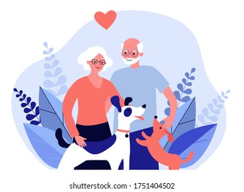 Happy senior couple with dogs. Family, pet, relationship flat vector illustration. Retirement and love concept for banner, website design or landing web page