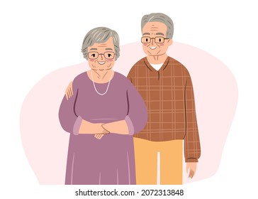 Happy senior couple. Elderly man and woman smiling and greeting. Grandmother and grandfather. Flat vector illustration of old people