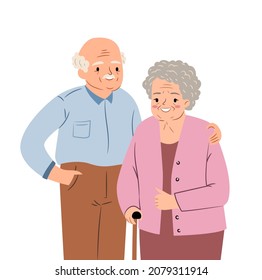 Happy senior couple. Elderly man and woman smiling and hugging. Grandmother and grandfather. Flat vector illustration of old people