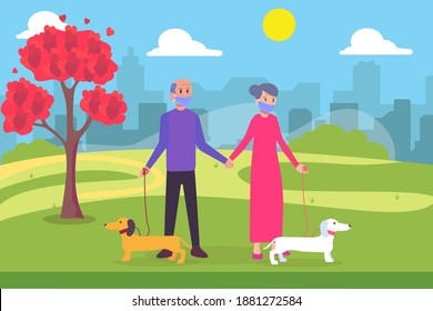 Happy senior couple in face mask walking at the the park with their dog and holding hands together