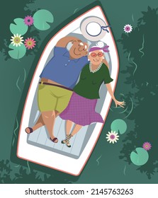 Happy senior couple floating carefree in a boat on a beautiful lake with water lilies, EPS 8 vector illustration