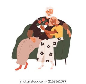 Happy senior couple with flowers. Family of old man and woman with floral bouquet gift. Aged elderly romantic people celebrating anniversary. Flat vector illustration isolated on white background