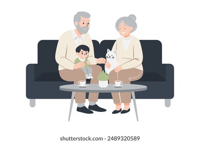 Happy Senior Couple with Grandchild and Cat at Home