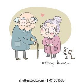 Happy senior couple. Grandmother and grandfather walk with a dog. Lettering Please stay home