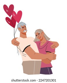 Happy senior couple hugging, characters for Valentines day of loving romantic elderly couple exchanging gifts, flat vector illustration isolated on white background.