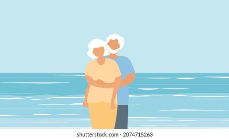 Happy senior couple hugging on beach vector illustration