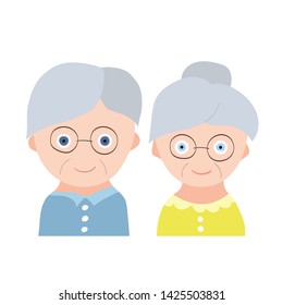 Happy senior couple illustration. Smiling cute elderly people in creative flat vector character design. Retired people concept.
