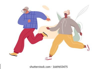 Happy Senior Couple Jogging. Aged Man and Woman in Sport Suits Doing Morning Exercises. Healthy Active Life Vector Concept.