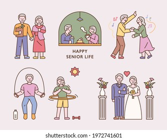 Happy senior couple lifestyle. flat design style minimal vector illustration.