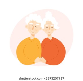 Happy senior couple in love. Elderly man and woman hugging each other. Flat cartoon vector characters isolated on white background