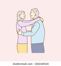 Happy senior couple, 
lovely elderly couple in each other's arms, enjoying, hugging and smiling. Portrait of attractive family. Hand drawn vector illustration.