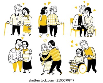 Happy senior couple lovers enjoy time together, dancing, embracing, holding hands, support and take care each other. Valentine's day concept. Cute doodle character.