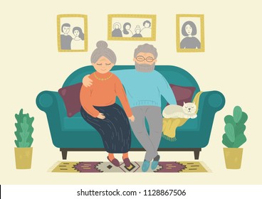 Happy senior couple. Senior man and senior woman sitting on sofa at home. Heartwarming family concept. Original vector illustration.