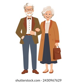 Feliz pareja senior de moda moderna hombre y mujer mayores. Ilustración plana del vector aislada sobre fondo blanco