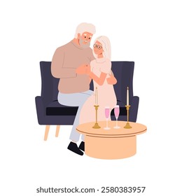 Happy senior couple on a romantic date at a cafe at Valentine's Day. Elder aged man and woman, wife and husband, spouse sitting on the sofa. Vector illustration isolated on white background