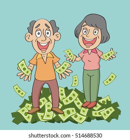 Happy senior couple with pile of money on big palms, vector illustration cartoon