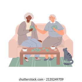 Happy Senior Couple Playing Card Games. Older Two Women Spending Time Together Relaxing And Having Fun While Play Board Games, Bridge Or Poker. Group Of Cheerful Mature People. Flat Vector 