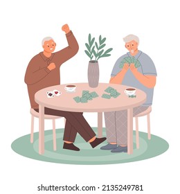 Happy Senior Couple Playing Card Games. Older Two Men Spending Time Together Relaxing And Having Fun While Play Board Games, Bridge Or Poker. Group Of Cheerful Mature People. Flat Vector Illustration