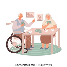 Happy Senior Couple Playing Card Games. Older Man And Woman Spending Time Together Relaxing And Having Fun While Play Board Games, Bridge Or Poker. Group Of Cheerful Mature People. Flat Vector 