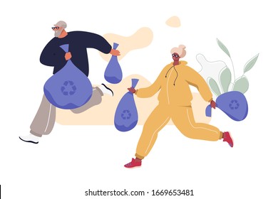 Happy Senior Couple Plogging: Jogging With Picking Up Litter. Aged Man and Woman in Sport Suits Taking Care Of Nature. Healthy Active Life Vector Concept.