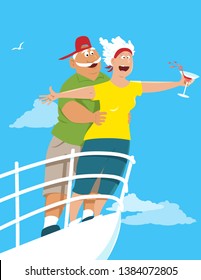 Happy senior couple recreating a scene from Titanic on board of a cruise ship, EPS 8 vector illustration