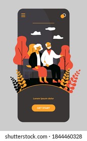 Happy senior couple relaxing in park, sitting on bench, holding hands. Old man with cane and woman enjoying leisure time outdoors. For elderly age, retirement, relationship concept