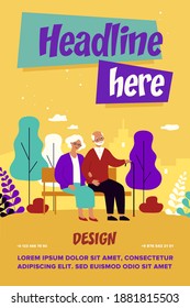 Happy senior couple relaxing in park, sitting on bench, holding hands. Old man with cane and woman enjoying leisure time outdoors. For elderly age, retirement, relationship concept