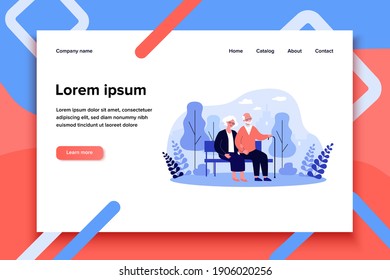 Happy senior couple relaxing in park, sitting on bench, holding hands. Old man with cane and woman enjoying leisure time outdoors. For elderly age, retirement, relationship concept