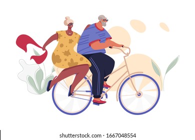 Happy Senior Couple Riding Bike. Aged Man and Woman In Love. Healthy Active Life Vector Concept.