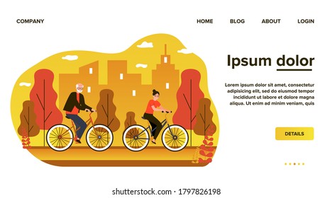 Happy senior couple riding bikes. Cycling in city park, retirement activity flat vector illustration. Old age, active lifestyle concept for banner, website design or landing web page