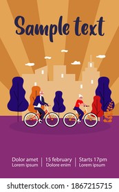 Happy senior couple riding bikes. Cycling in city park, retirement activity flat vector illustration. Old age, active lifestyle concept for banner, website design or landing web page