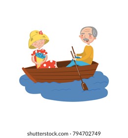 Happy senior couple rowing a boat on lake cartoon vector Illustration