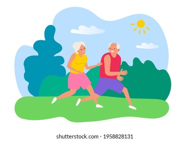 happy senior couple running in the park healthy lifestyle vector illustration