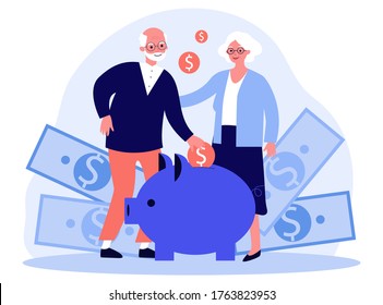 Happy Senior Couple Saving Money. Old People Placing Cash Into Piggy Bank Flat Vector Illustration. Retirement, Finance, Family Budget Concept For Banner, Website Design Or Landing Web Page