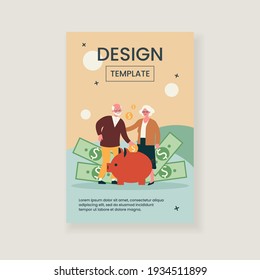 Happy senior couple saving money. Old people placing cash into piggy bank flat vector illustration. Retirement, finance, family budget concept for banner, website design or landing web page