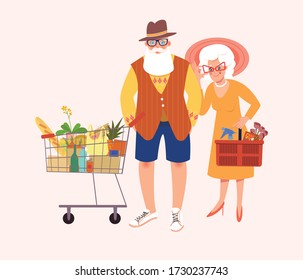 Happy senior couple with shopping cart and basket after shopping. Adult couple shopping lifestyle. Mature people shopping together at the store.