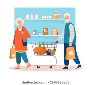 Happy senior couple is shopping with cart and basket in grocery store. Elderly man and woman shopping. Concept of mature people shopping together at the store. Flat cartoon vector illustration