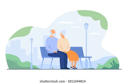 Happy senior couple sitting on bench in park isolated flat vector illustration. Cartoon old characters relaxing together on nature. Family and retirement concept