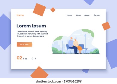 Happy senior couple sitting on bench in park isolated flat vector illustration. Cartoon old characters relaxing together on nature. Family and retirement concept