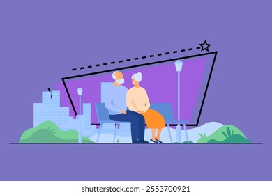 Happy senior couple sitting on bench in park isolated flat vector illustration. Cartoon old characters relaxing together on nature. Family and retirement concept