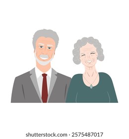 Happy senior couple sitting together. Elderly man and woman portrait. Vector isolated illustration