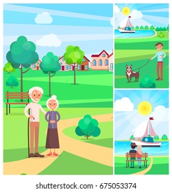 Happy senior couple spending time outdoors in park vector poster with small images of people sitting in bench and boy walking dog.