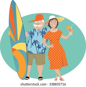 Happy senior couple standing with a surf board and a cocktail, vector illustration, EPS 8, no transparencies