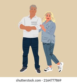 Happy senior couple standing together hugging. Elderly man and woman smile. People in love embracing holding hands. Love relationship, romance, retirement flat vector illustration