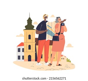 Happy Senior Couple Of Tourists Travel On Vacation To Europe. Older Man And Woman With Map And Camera Visit Sightseeing. Aged Male And Female On Trip After Retirement. Cartoon Flat Vector Illustration