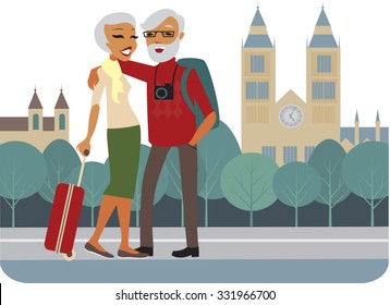 Happy senior couple traveling around Europe vector