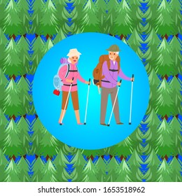 Happy senior couple traveling together in forest hiking with backpack in summer cartoon vector illustration. Old people tourism and travelling.